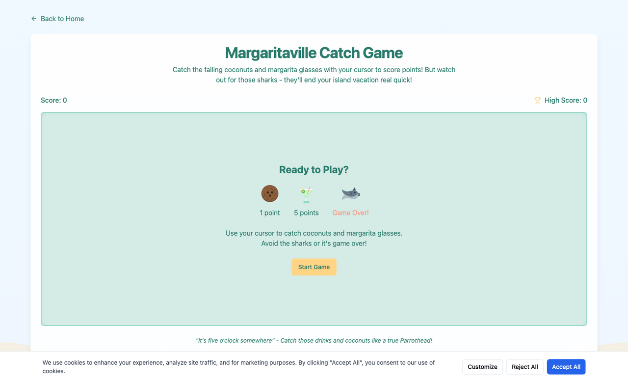 Margaritaville Catch Game — catch falling coconuts and margarita glasses, avoid sharks