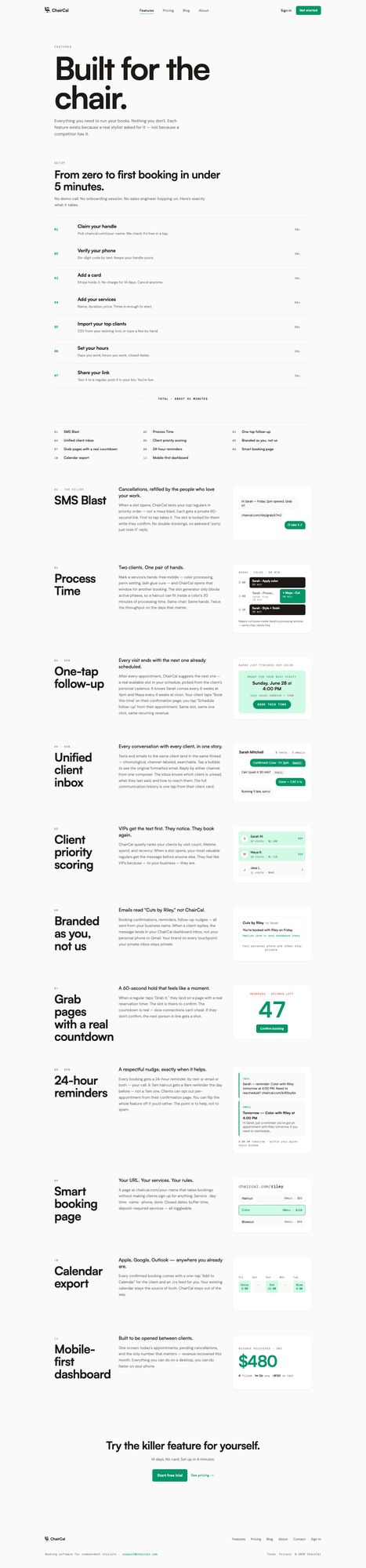ChairCal features — Built for the chair, with detailed feature list including SMS Blast, Process Time, follow-up