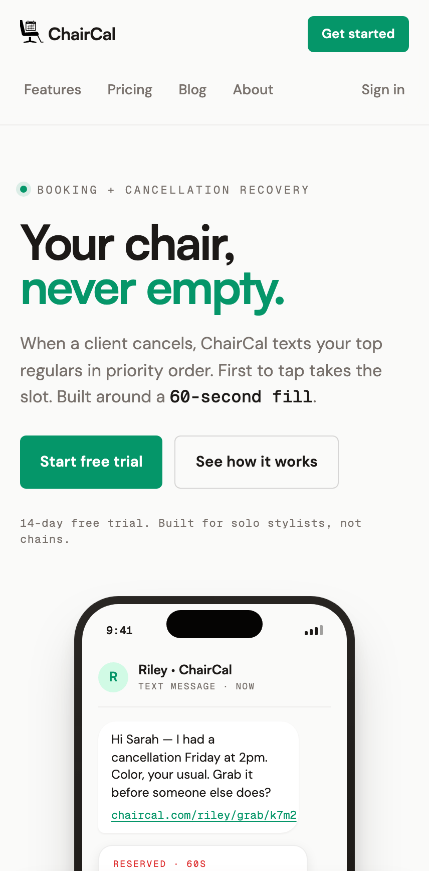 ChairCal on iPhone — the homepage for stylists working between appointments