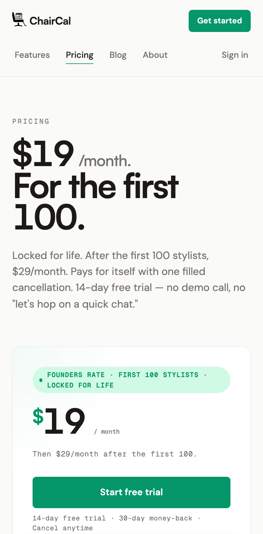 ChairCal pricing page on iPhone — feature comparison and FAQ