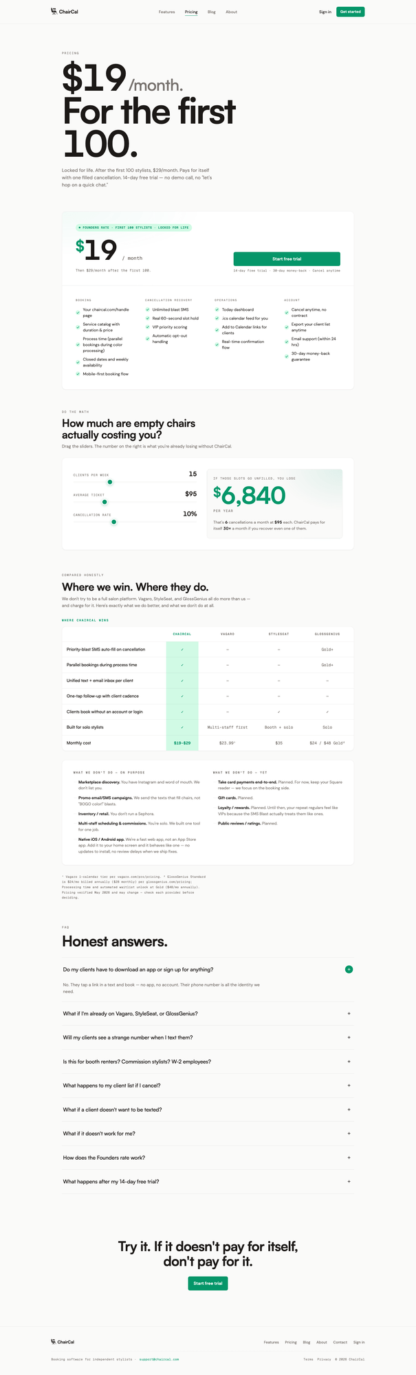 ChairCal pricing — $19/month for the first 100 stylists, side-by-side comparison with competitors